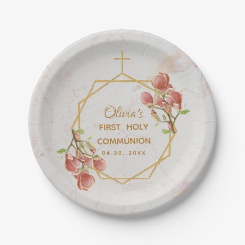 First Communion Pink Magnolia Marble Gold Floral Paper Plates