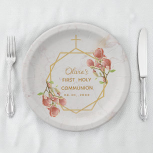 First Communion Pink Magnolia Marble Gold Floral Paper Plates