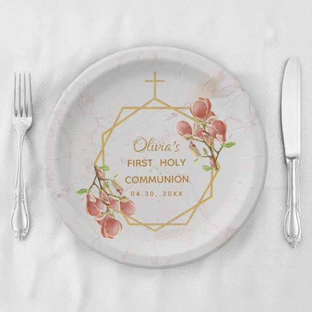 First Communion Pink Magnolia Marble Gold Floral Paper Plates (Creator Uploaded)