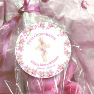 First Communion pink orchid watercolor Classic Round Sticker