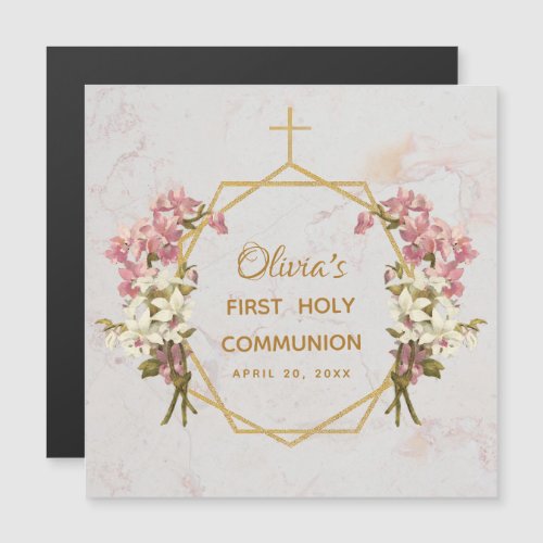 First Communion Pink Orchids Gold Marble Magnet