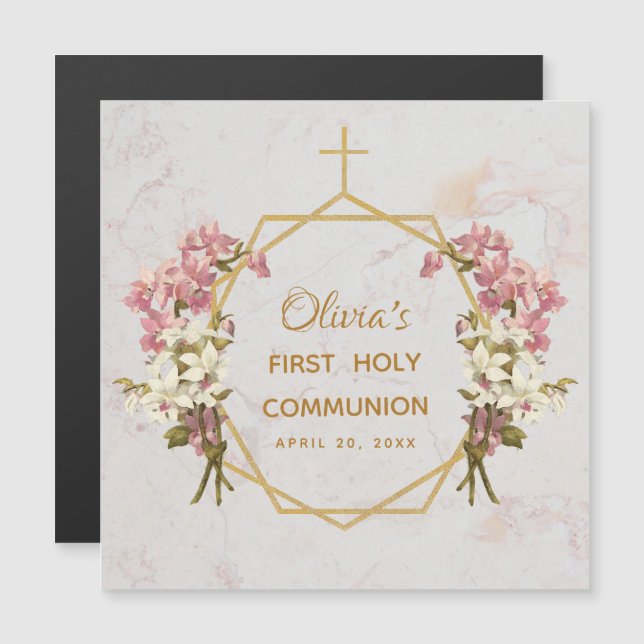 First Communion Pink Orchids Gold Marble Magnet (Front/Back)