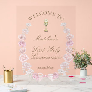 First Communion pink peonies welcome Acrylic Sign