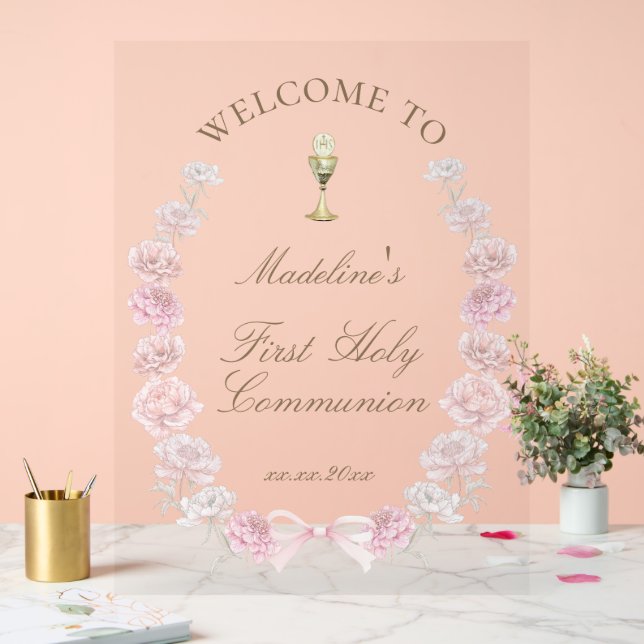 First Communion pink peonies welcome Acrylic Sign (Wedding)