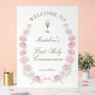 First Communion pink peonies welcome Acrylic Sign