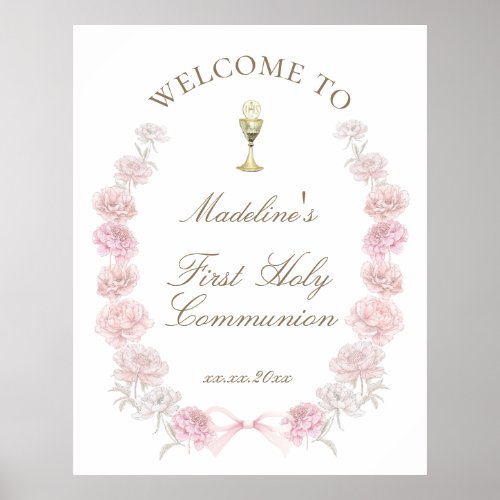 First Communion pink peonies welcome Poster