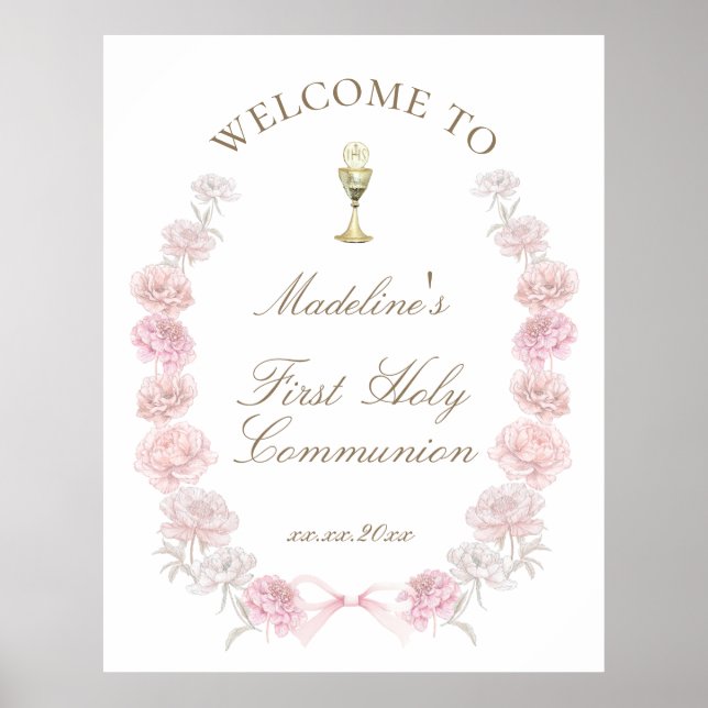 First Communion pink peonies welcome Poster (Front)