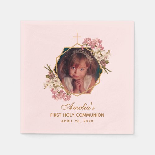 First Communion Pink Photo Gold Floral Orchids  Napkins