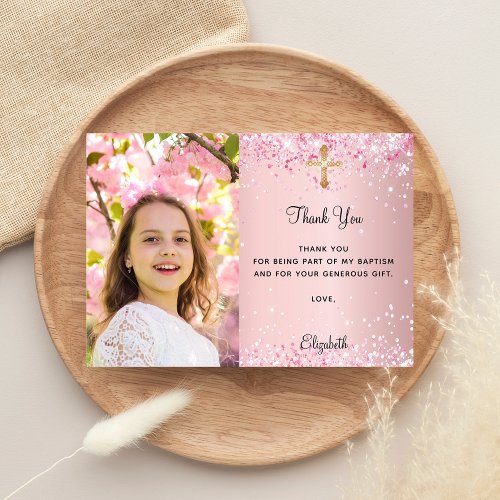 First Communion pink photo thank you card