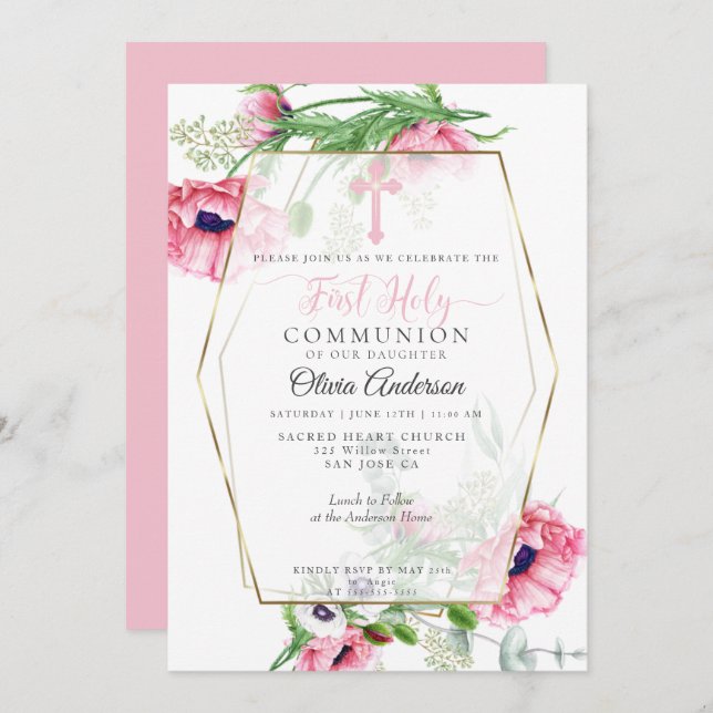 First Communion | Pink Poppies and Foliage Invitation (Front/Back)