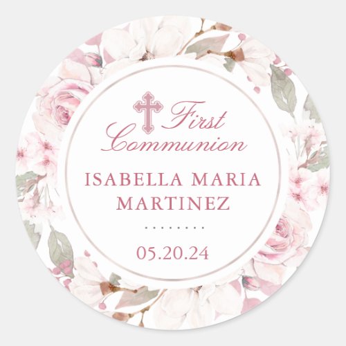 First Communion Pink Rose Cross Envelope Seal