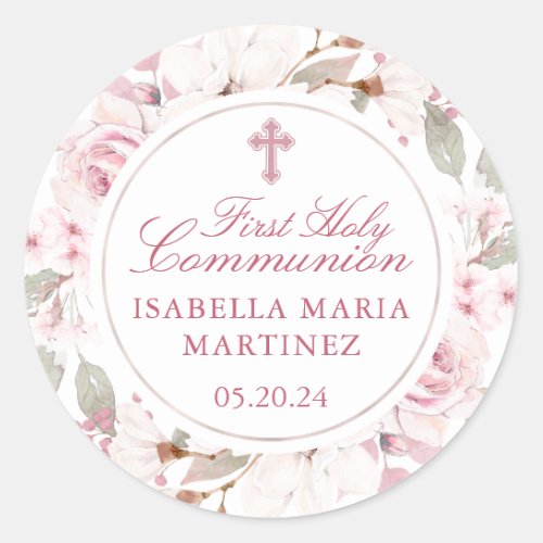 First Communion Pink Rose Cross Envelope Seal