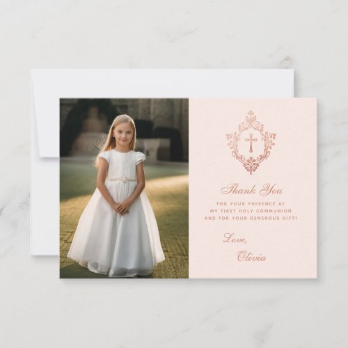 First Communion Pink Rose Gold Crest Girl Photo Thank You Card