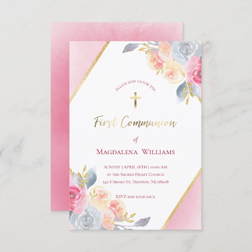 First Communion pink watercolor flowers frame Invitation