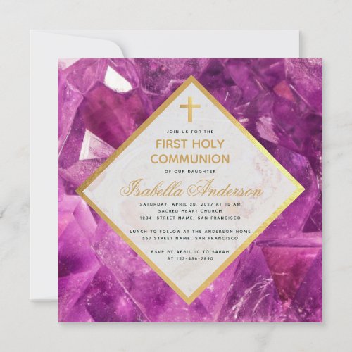 First Communion Purple Amethyst Marble Faux Gold Invitation