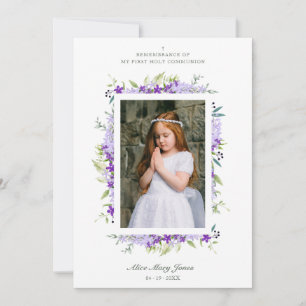 First Communion Purple Botanical Frame Photo Note Card