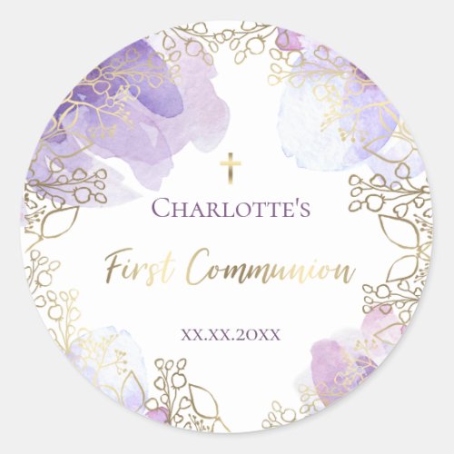 First Communion purple floral Classic Round Sticker