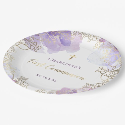 First Communion purple floral Paper Plates