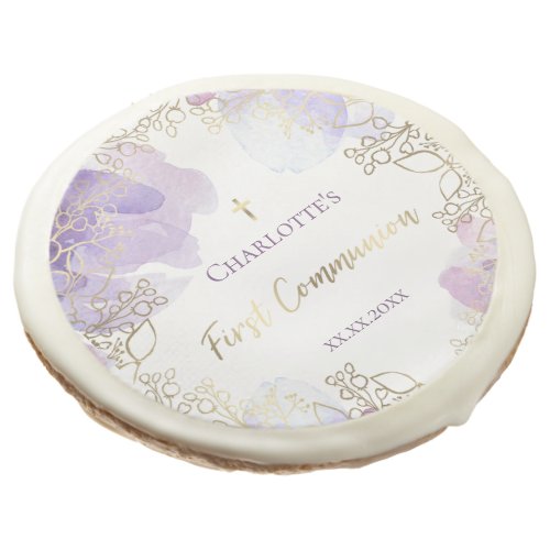 First Communion purple floral sugar cookie