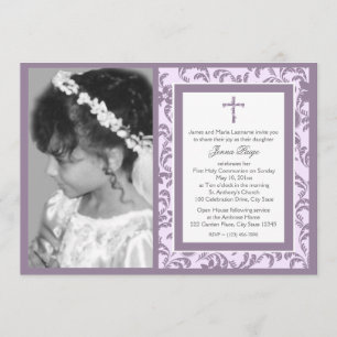 First Communion Purple Floral with Photo Invitation