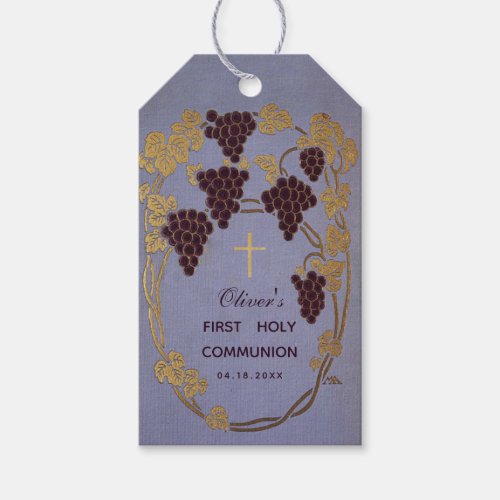 First Communion Purple Grape Vines and Gold Leaves Gift Tags
