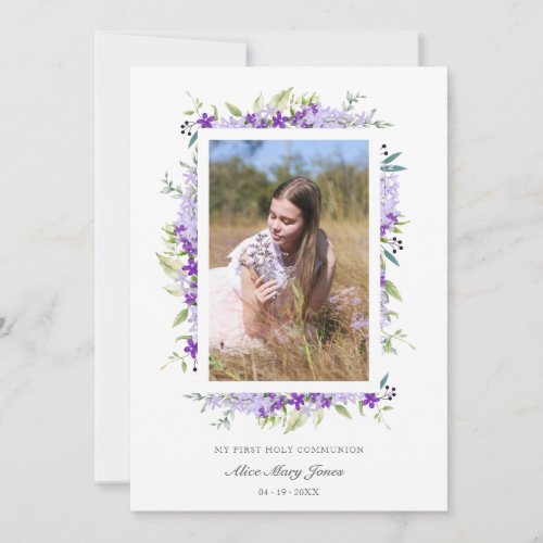  First Communion Purple Shades Flower Branches Invitation