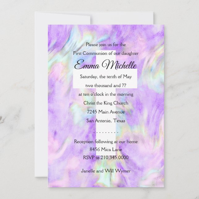 First Communion Purple Tie Dye Cross Invitation (Back)