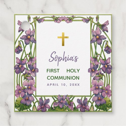 First Communion Purple Violets Floral Gold Cross Favor Tags