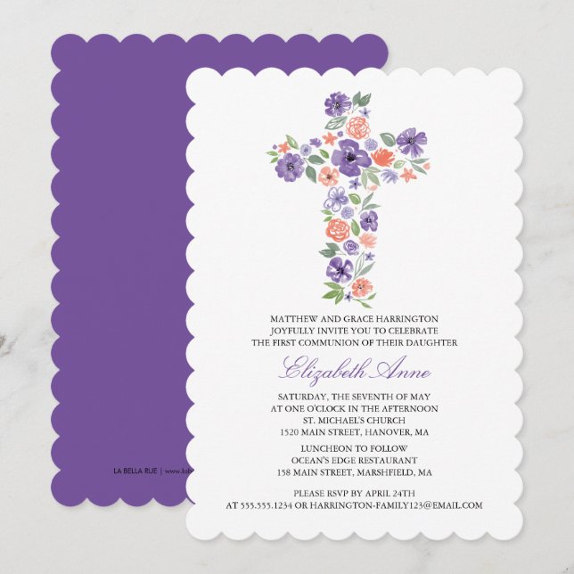 First Communion Purple Watercolor Flower Cross Invitation (Front/Back)