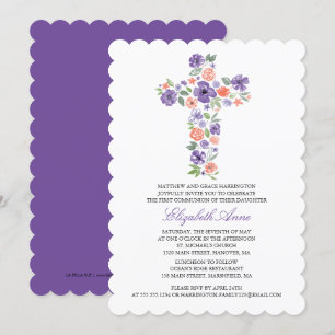 First Communion Purple Watercolor Flower Cross Invitation