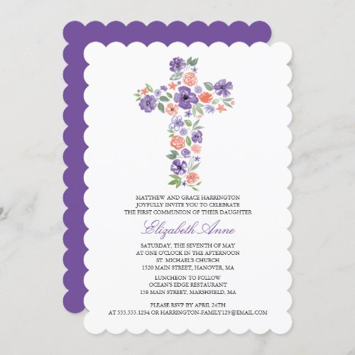 First Communion Purple Watercolor Flower Cross Invitation