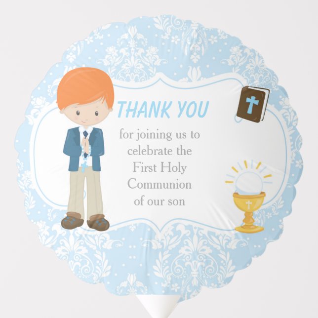 First Communion Red Hair Boy Thank You Balloon (Front)