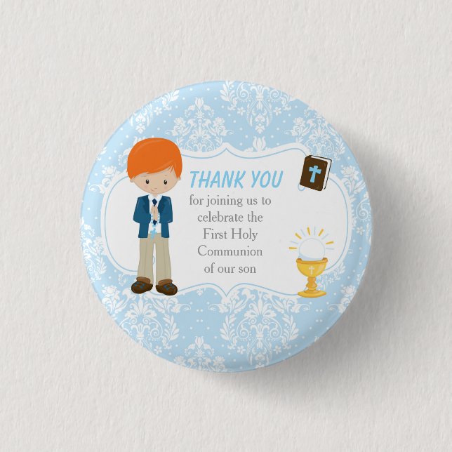 First Communion Red Hair Boy Thank You Button (Front)