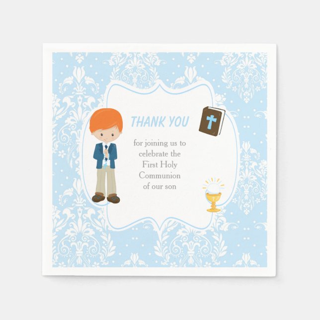 First Communion Red Hair Boy Thank You Napkins (Front)