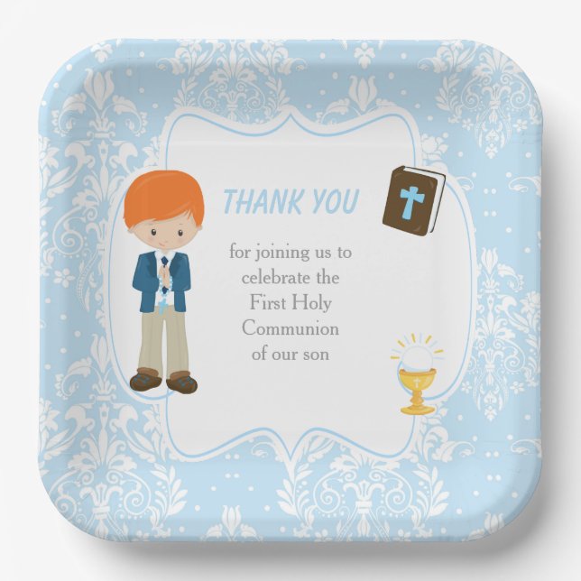 First Communion Red Hair Boy Thank You Paper Plates (Front)