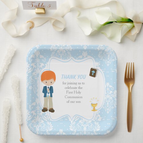 First Communion Red Hair Boy Thank You Paper Plates