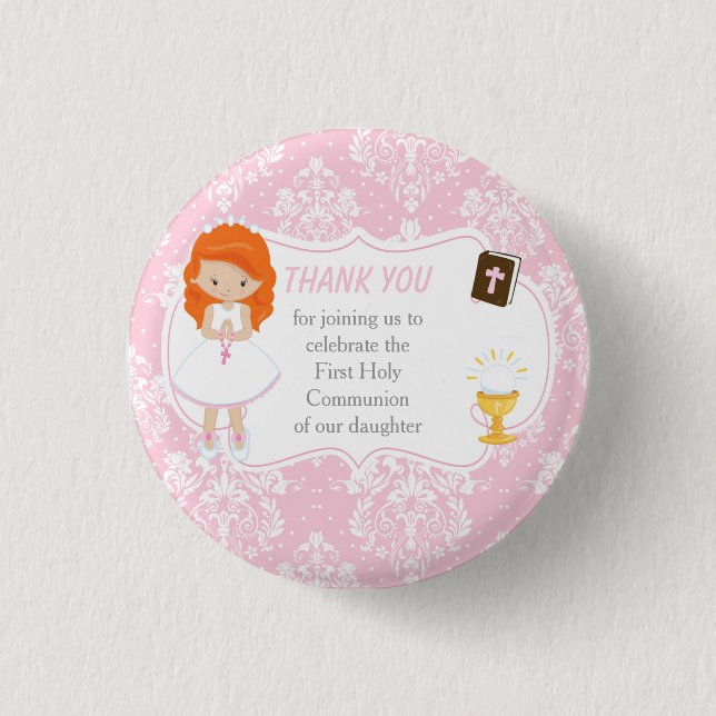First Communion Red Hair Girl Thank You Button (Front)