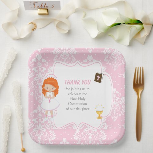 First Communion Red Hair Girl Thank You Paper Plates