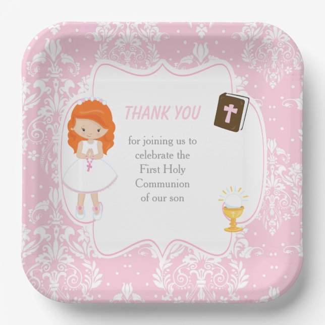 First Communion Red Hair Girl Thank You Paper Plates (Front)