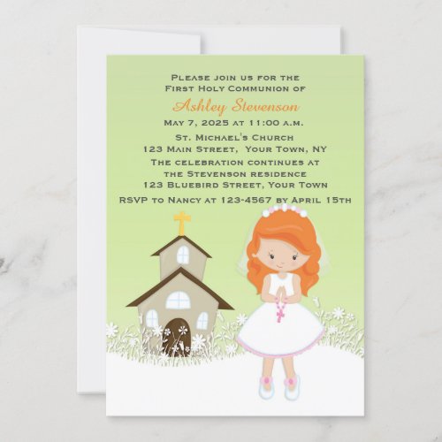 First Communion Red Haired Girl Church Invitation