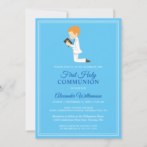 First Communion Red Head Boy Blue Invitation