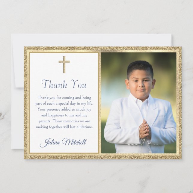 First Communion Religious Gold Cross Boy Thank You Card (Front)