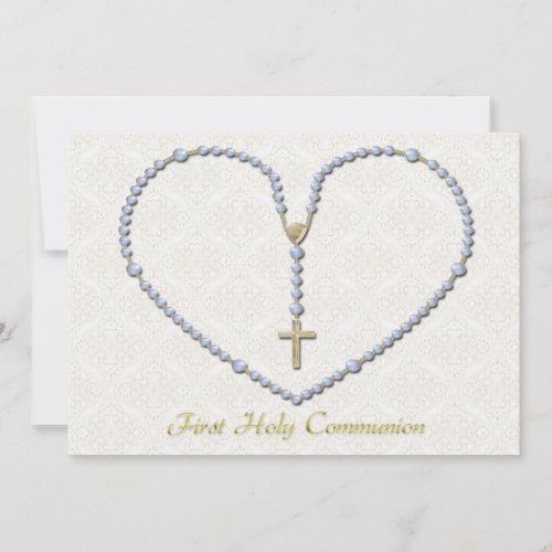 First Communion Rosary Heart Blue Invitation