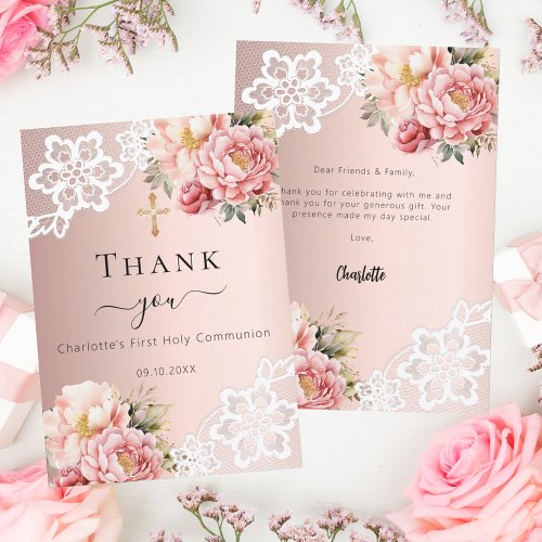 First Communion rose floral lace thank you card