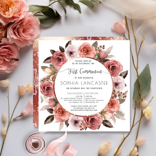 First Communion Rose Gold and Blush Floral Invitation