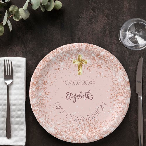 First Communion rose gold confetti girl name Paper Plates