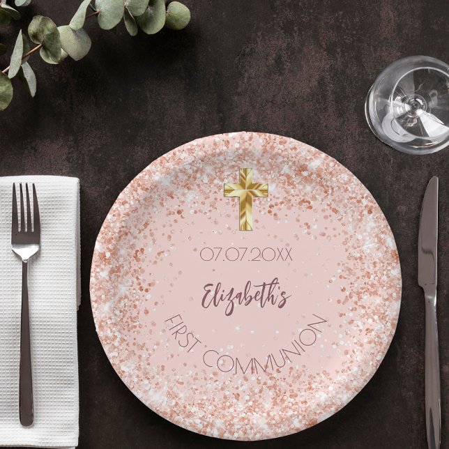First Communion rose gold confetti girl name Paper Plates (Creator Uploaded)