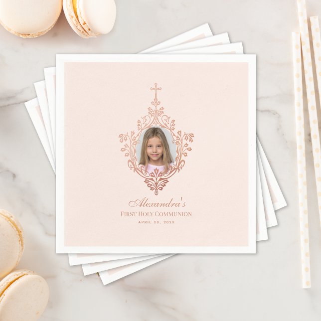 First Communion Rose Gold Cross Girl Photo Blush  Napkins (Creator Uploaded)