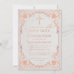 First Communion Rose Gold Elegant Vintage Marble Invitation