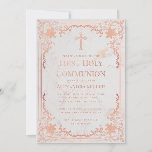 First Communion Rose Gold Elegant Vintage Marble Invitation